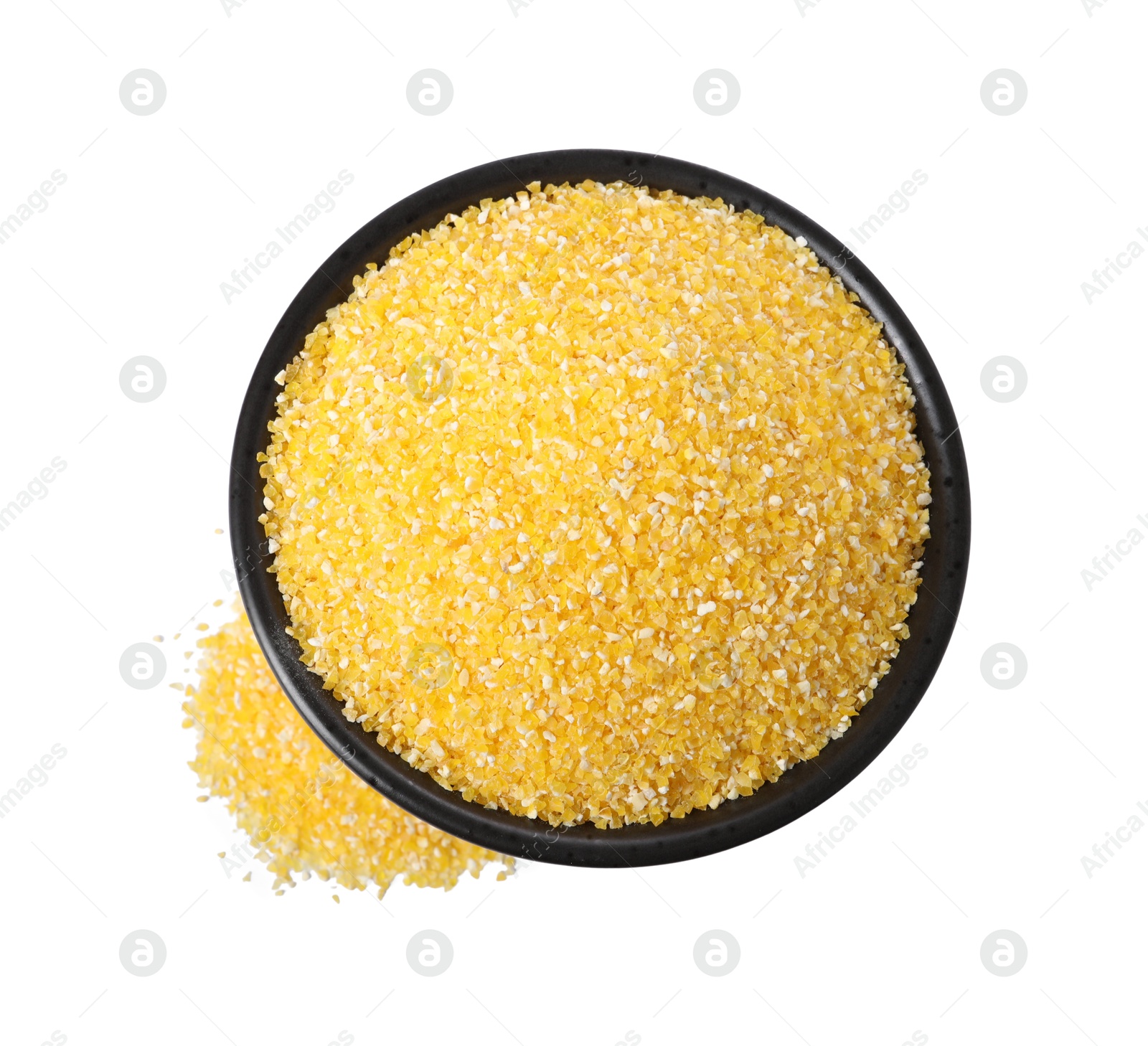 Photo of Raw cornmeal in bowl isolated on white, top view