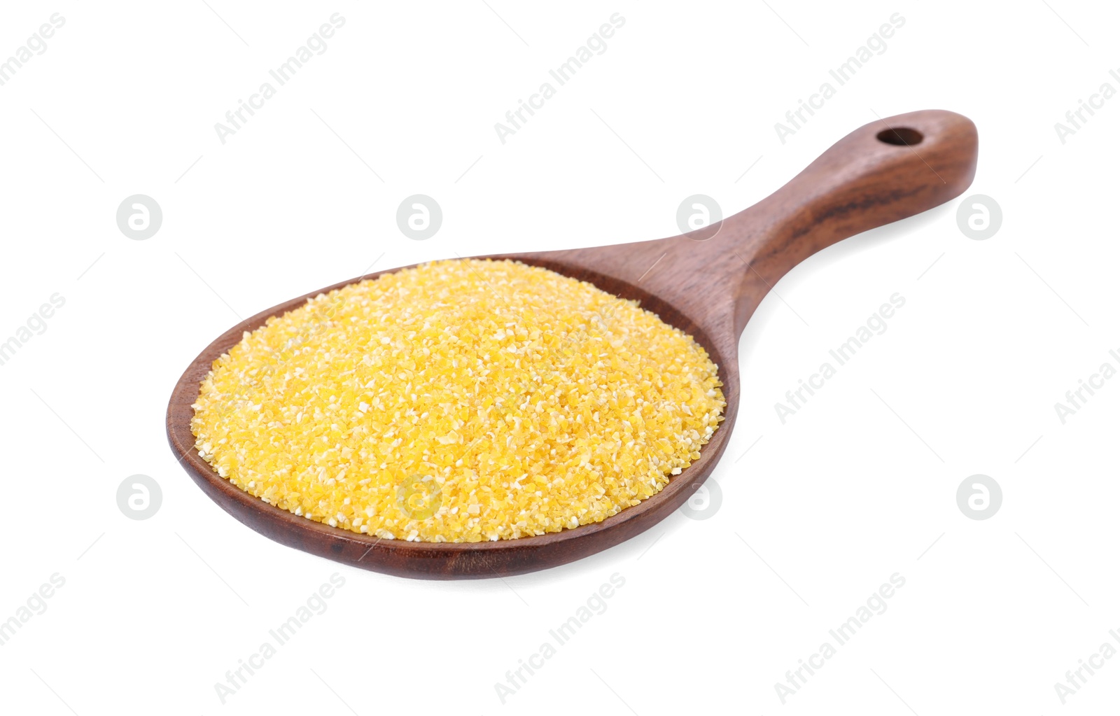 Photo of Raw cornmeal in spoon isolated on white