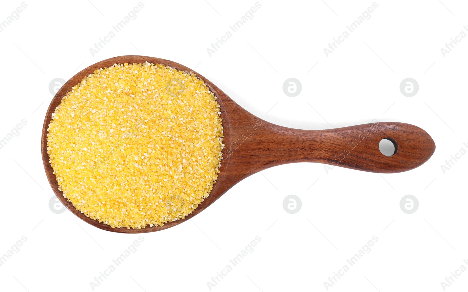 Photo of Raw cornmeal in spoon isolated on white, top view