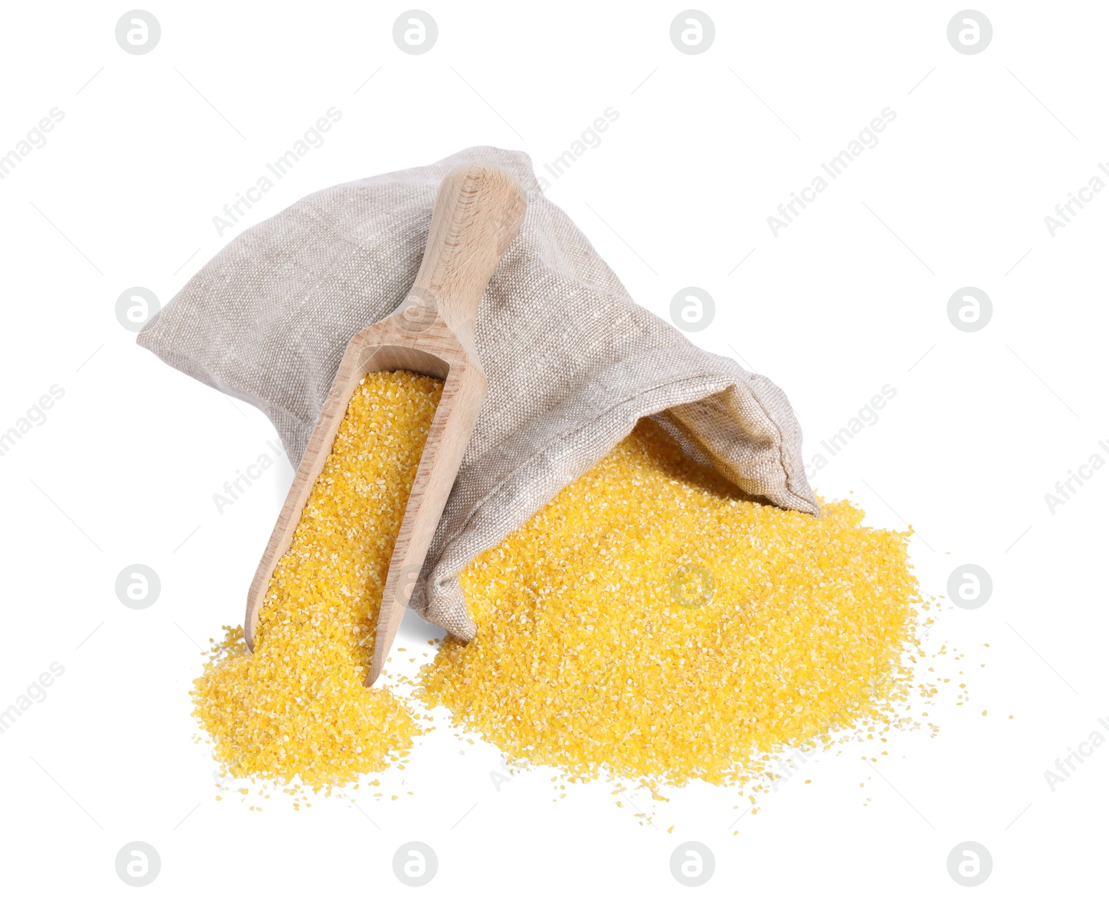 Photo of Raw cornmeal in burlap with scoop isolated on white