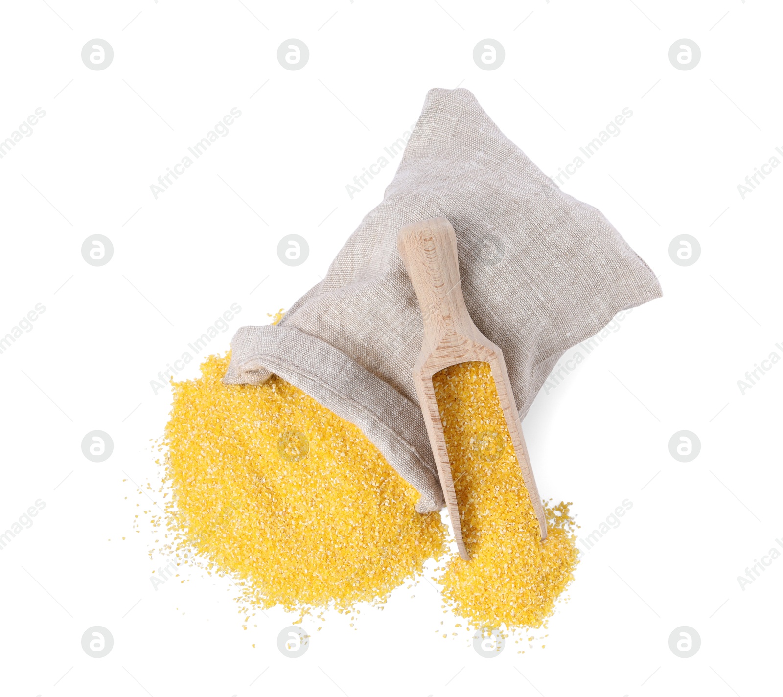 Photo of Raw cornmeal in burlap with scoop isolated on white, top view