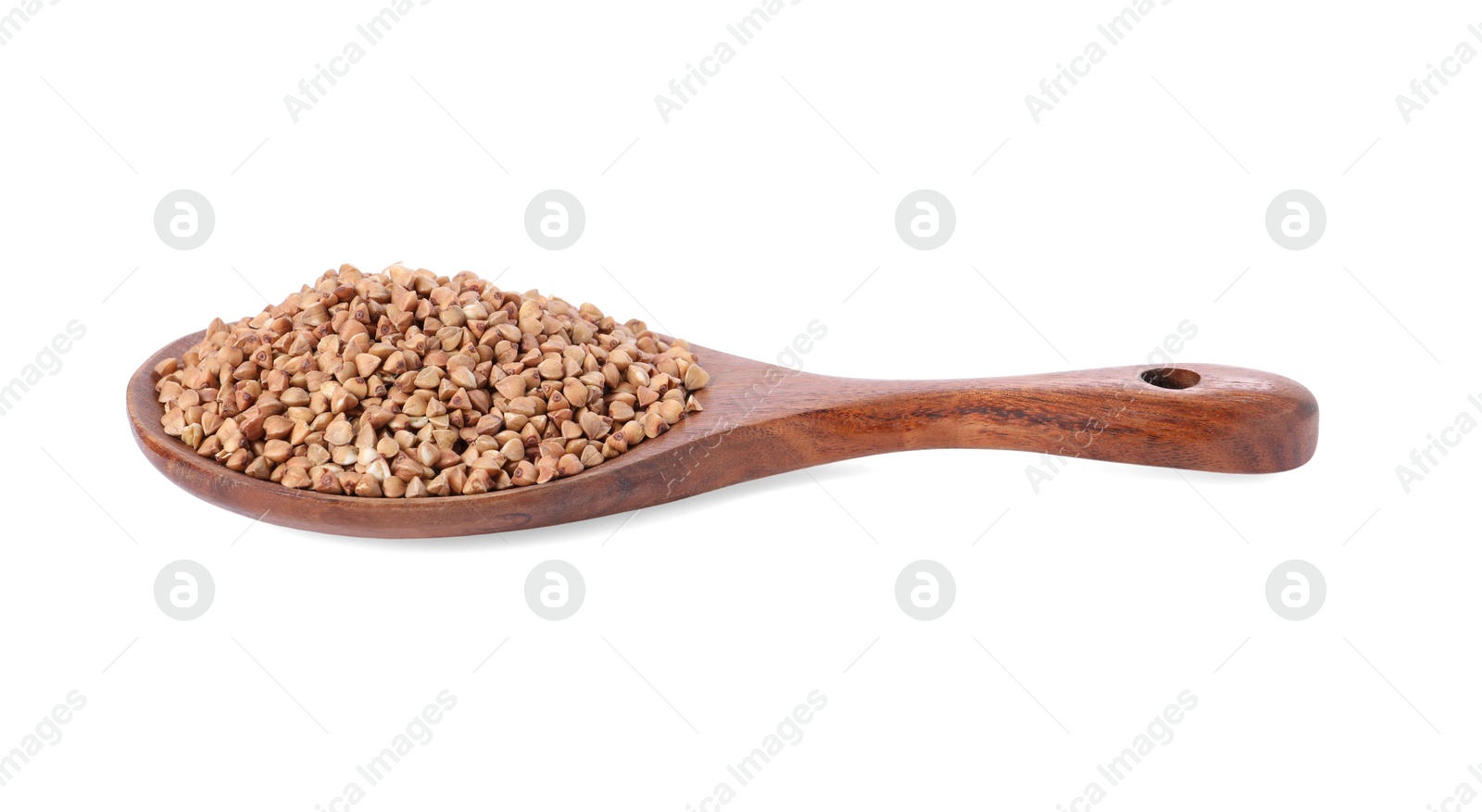 Photo of Raw buckwheat in spoon isolated on white