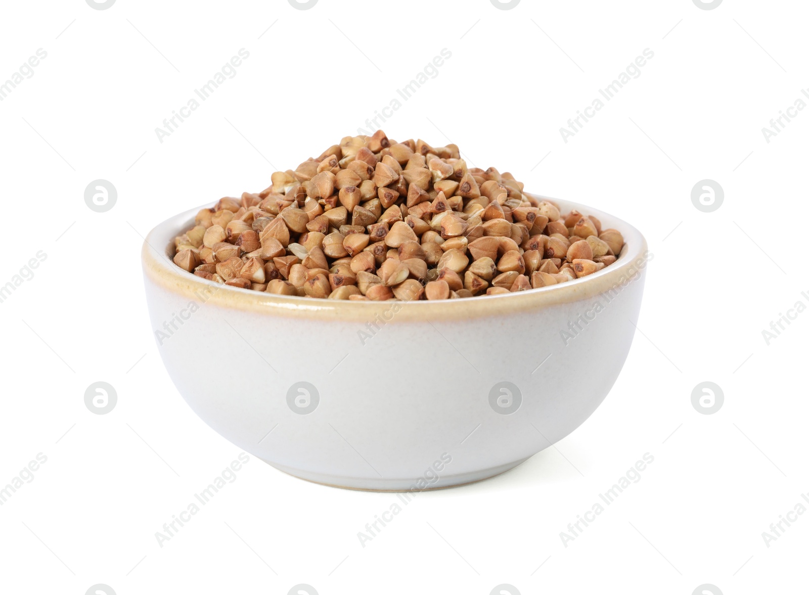 Photo of Raw buckwheat in bowl isolated on white