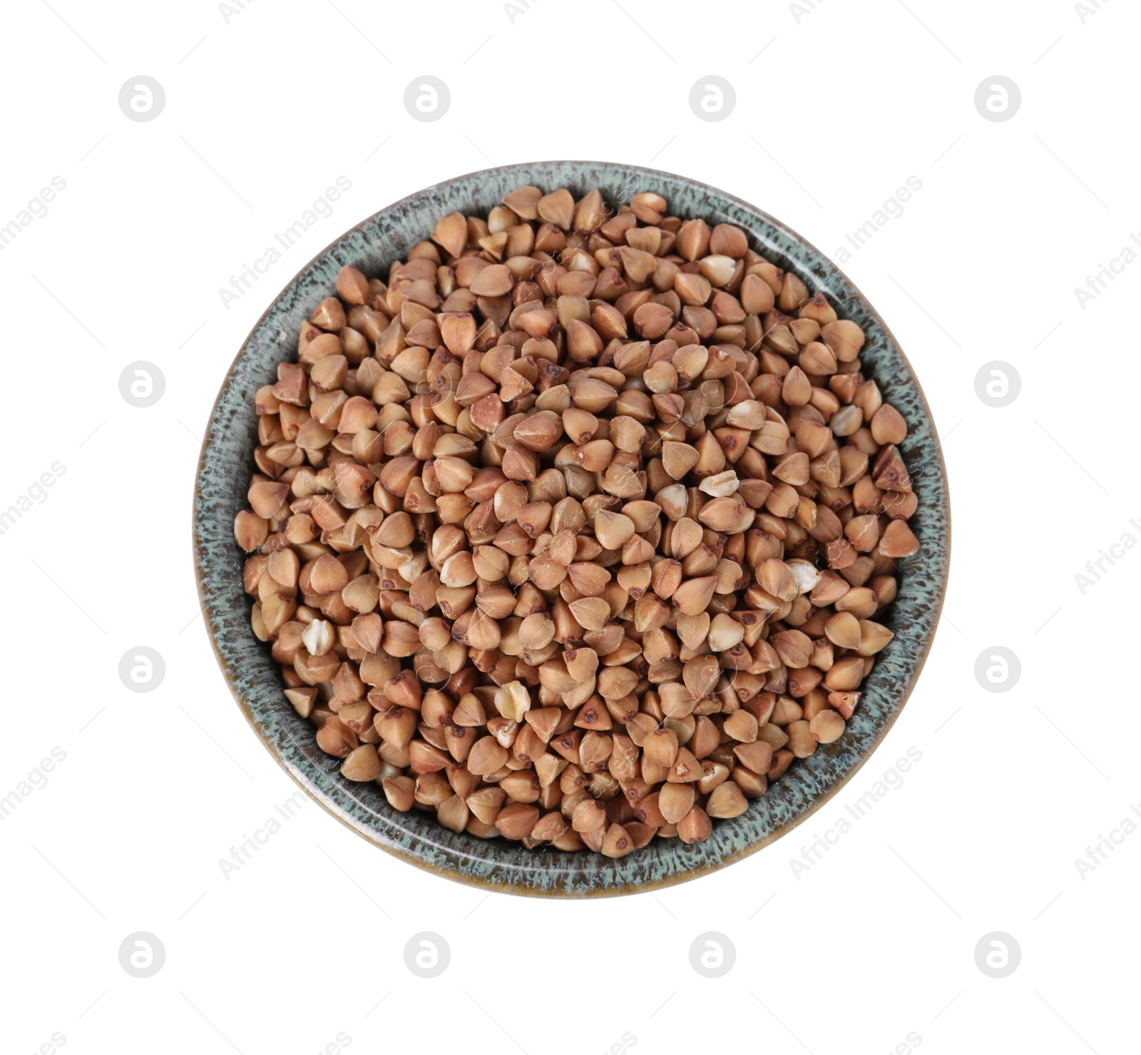 Photo of Raw buckwheat in bowl isolated on white, top view