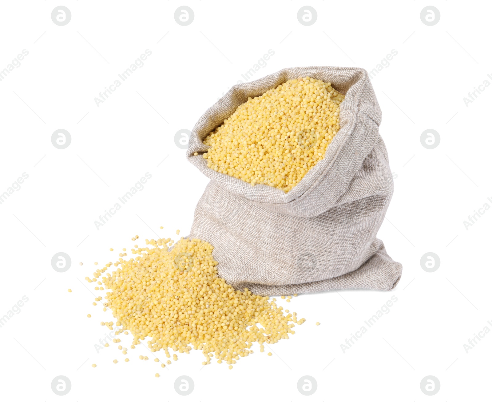 Photo of Millet groats in burlap isolated on white