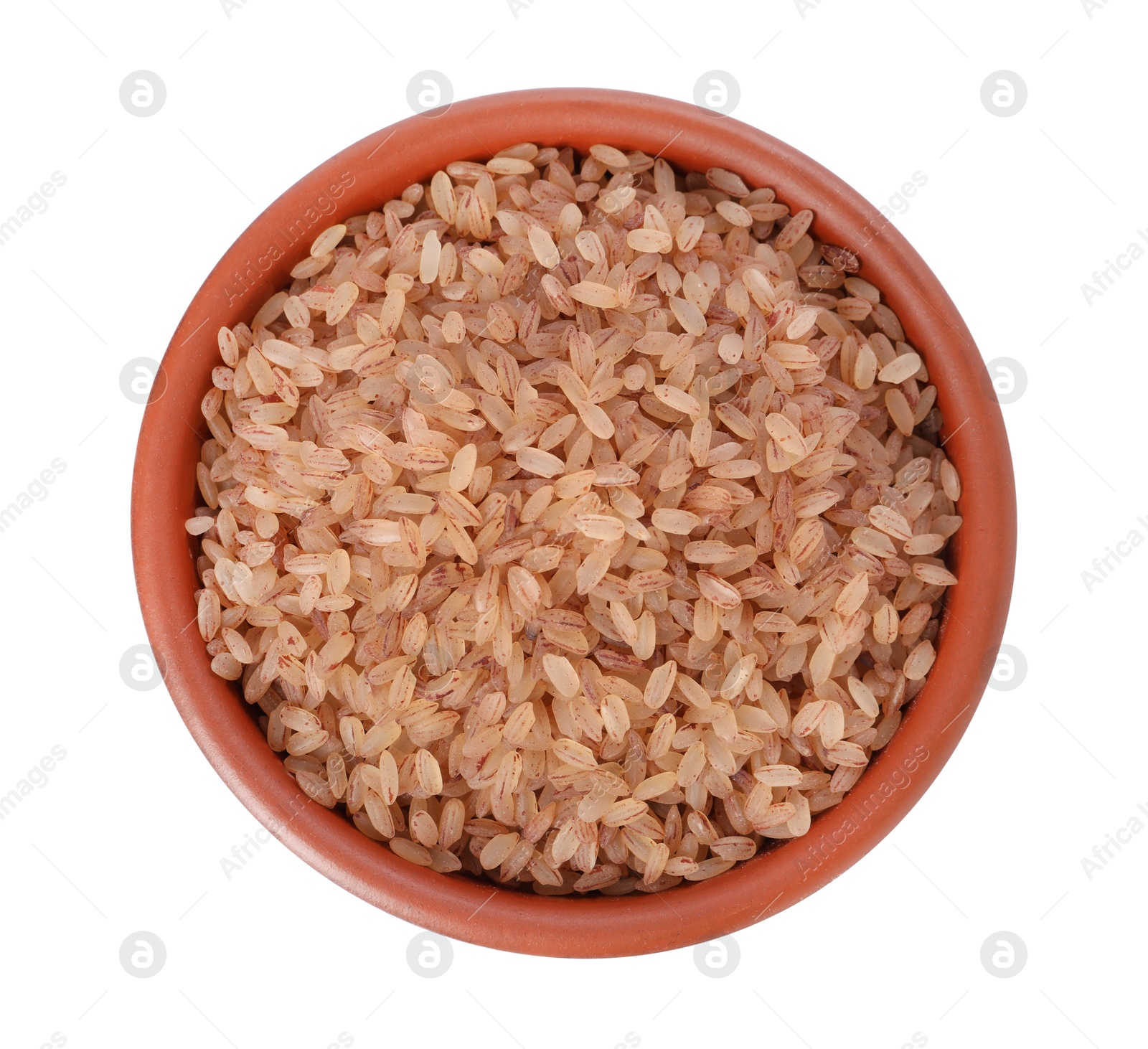 Photo of Raw organic matta rice in bowl isolated on white, top view