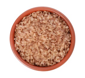 Raw organic matta rice in bowl isolated on white, top view