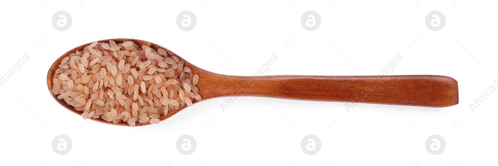 Photo of Raw organic matta rice in wooden spoon isolated on white, top view