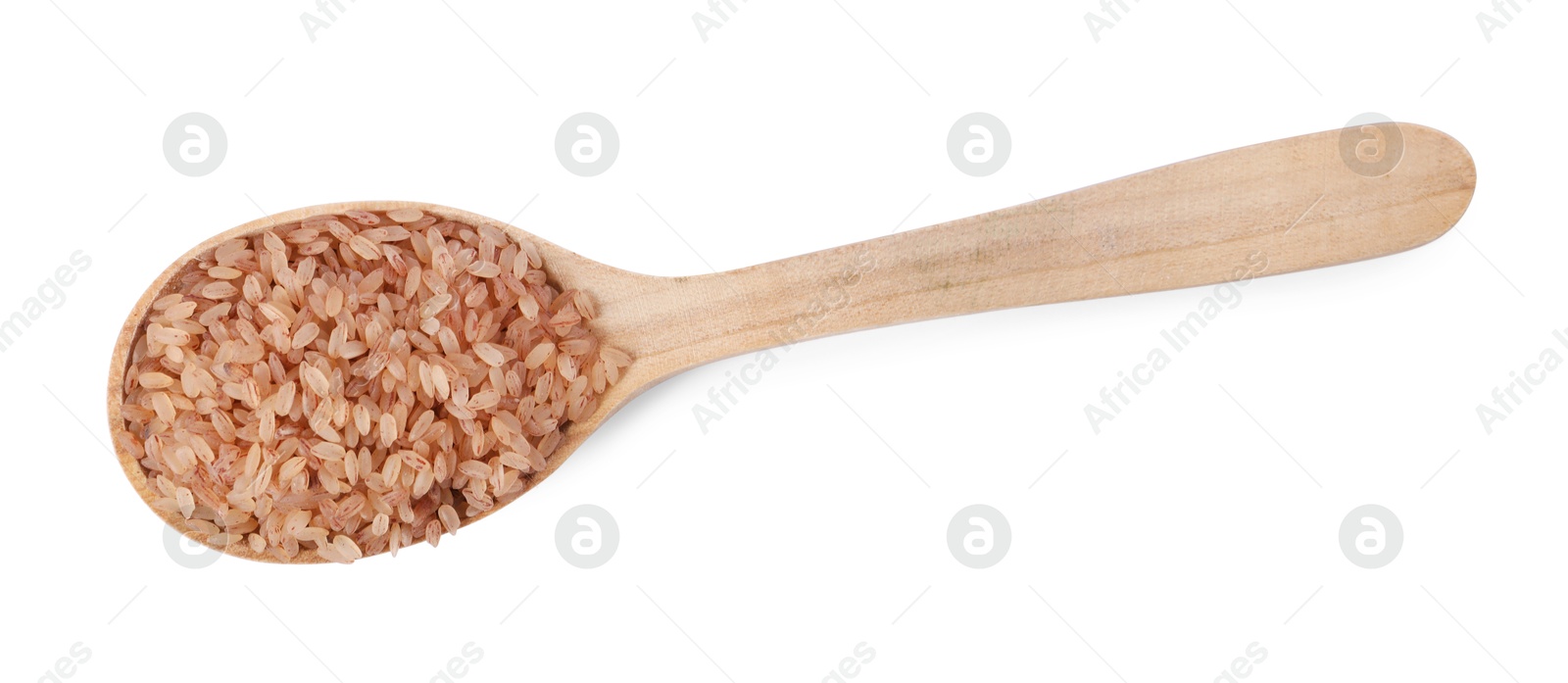 Photo of Raw organic matta rice in wooden spoon isolated on white, top view