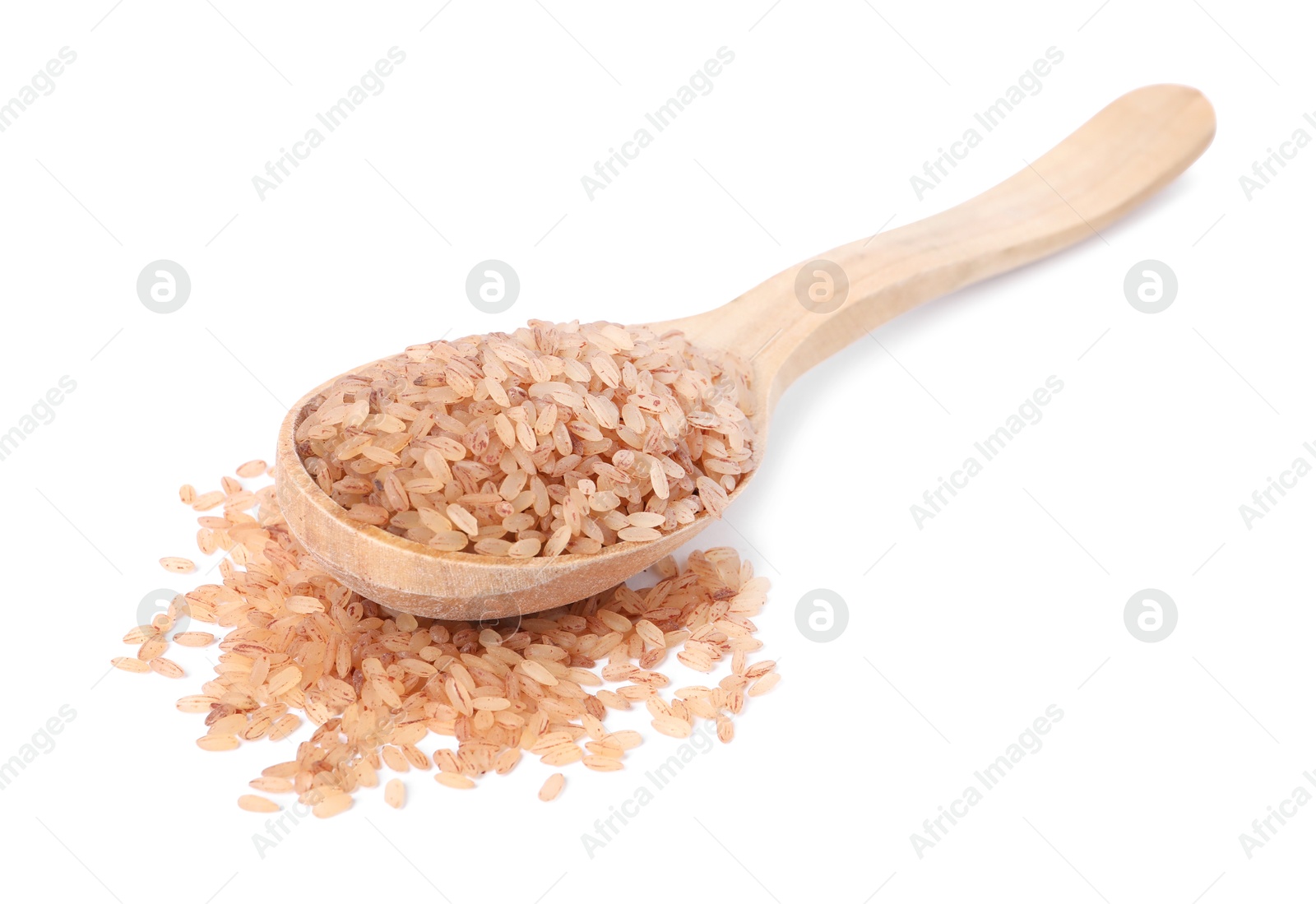 Photo of Raw organic matta rice in wooden spoon isolated on white