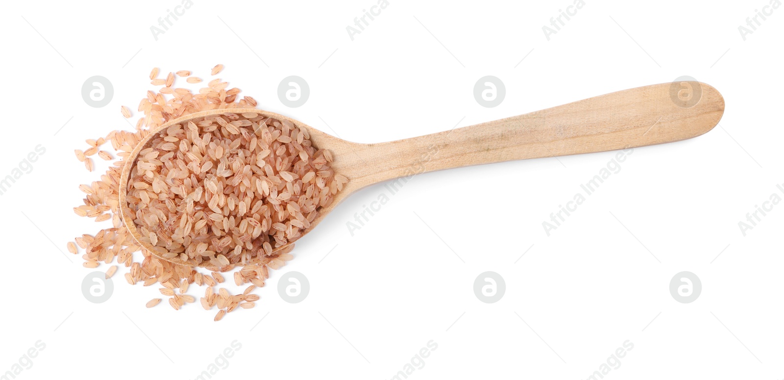 Photo of Raw organic matta rice in wooden spoon isolated on white, top view