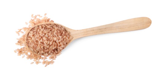 Photo of Raw organic matta rice in wooden spoon isolated on white, top view