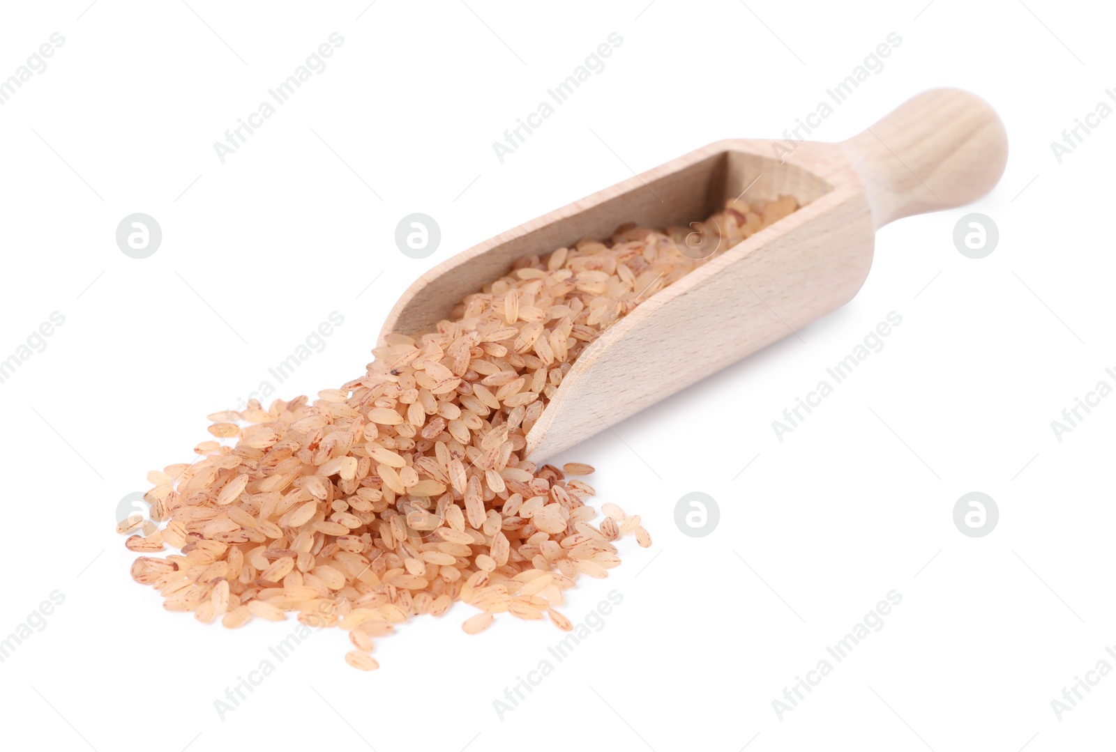 Photo of Raw organic matta rice in wooden scoop isolated on white