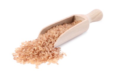 Raw organic matta rice in wooden scoop isolated on white