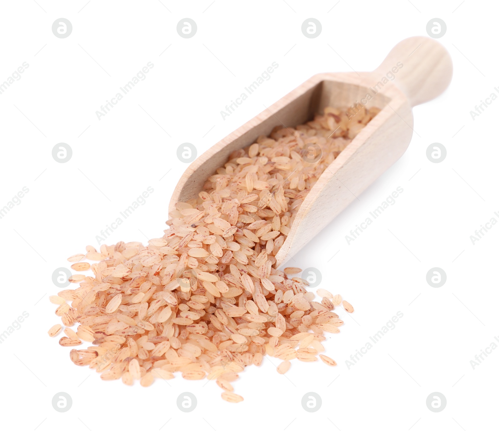 Photo of Raw organic matta rice in wooden scoop isolated on white