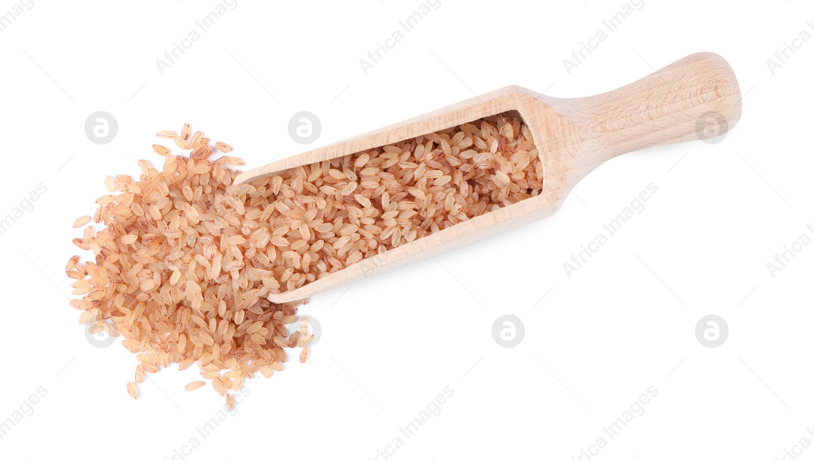 Photo of Raw organic matta rice in wooden scoop isolated on white, top view