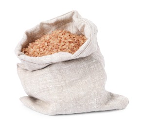 Photo of Raw organic matta rice in burlap isolated on white