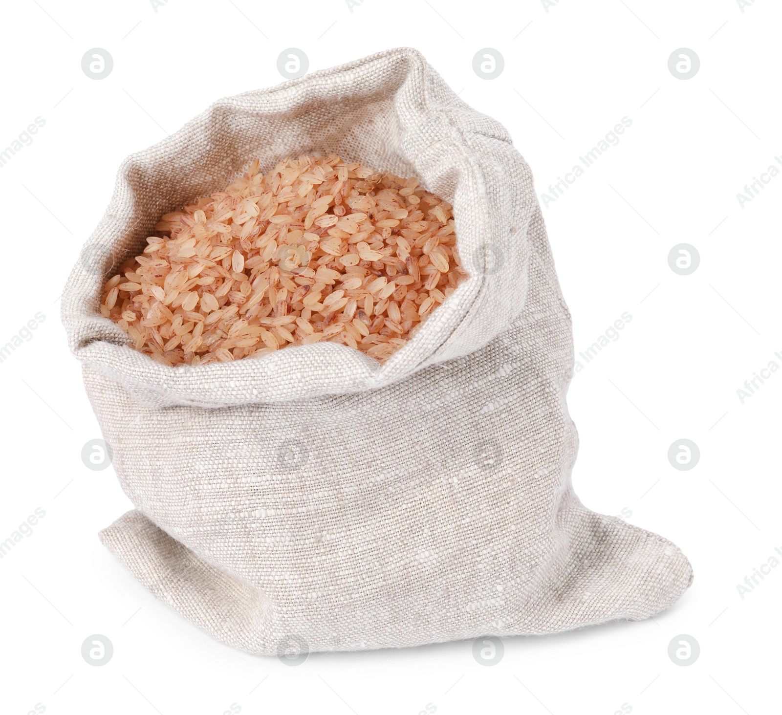 Photo of Raw organic matta rice in burlap isolated on white