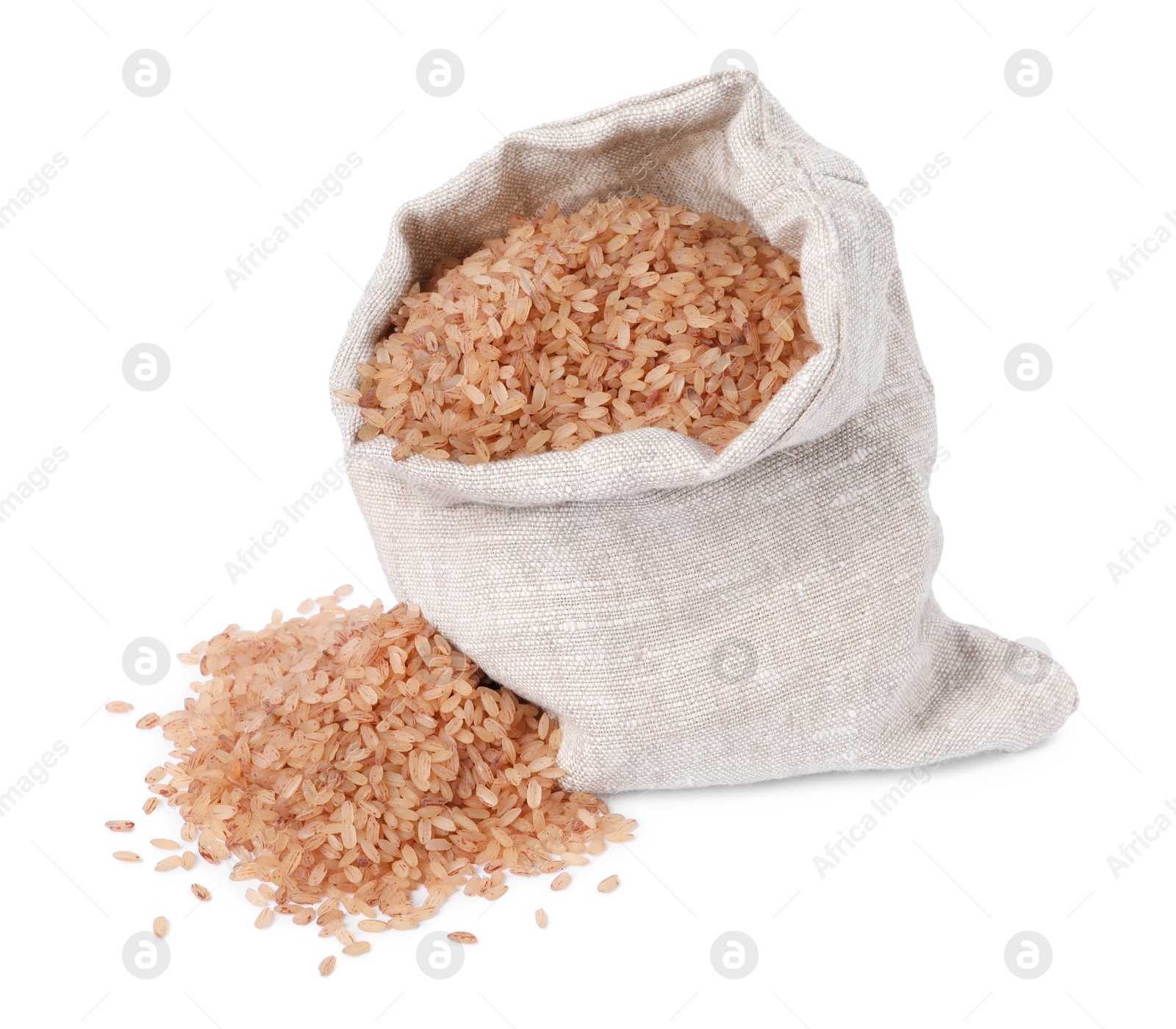 Photo of Raw organic matta rice in burlap isolated on white