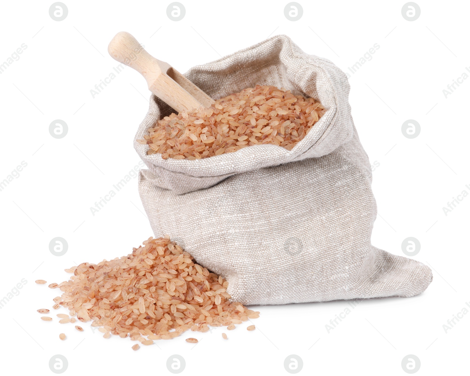 Photo of Raw organic matta rice in burlap with scoop isolated on white