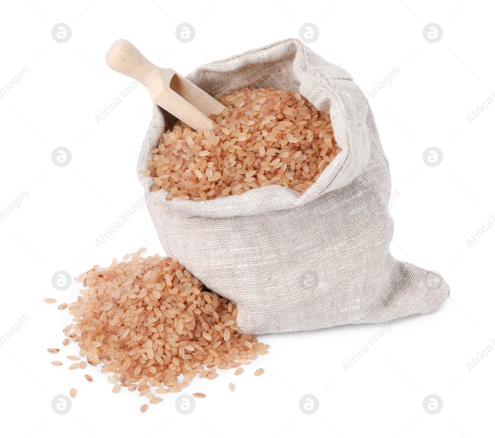 Photo of Raw organic matta rice in burlap with scoop isolated on white