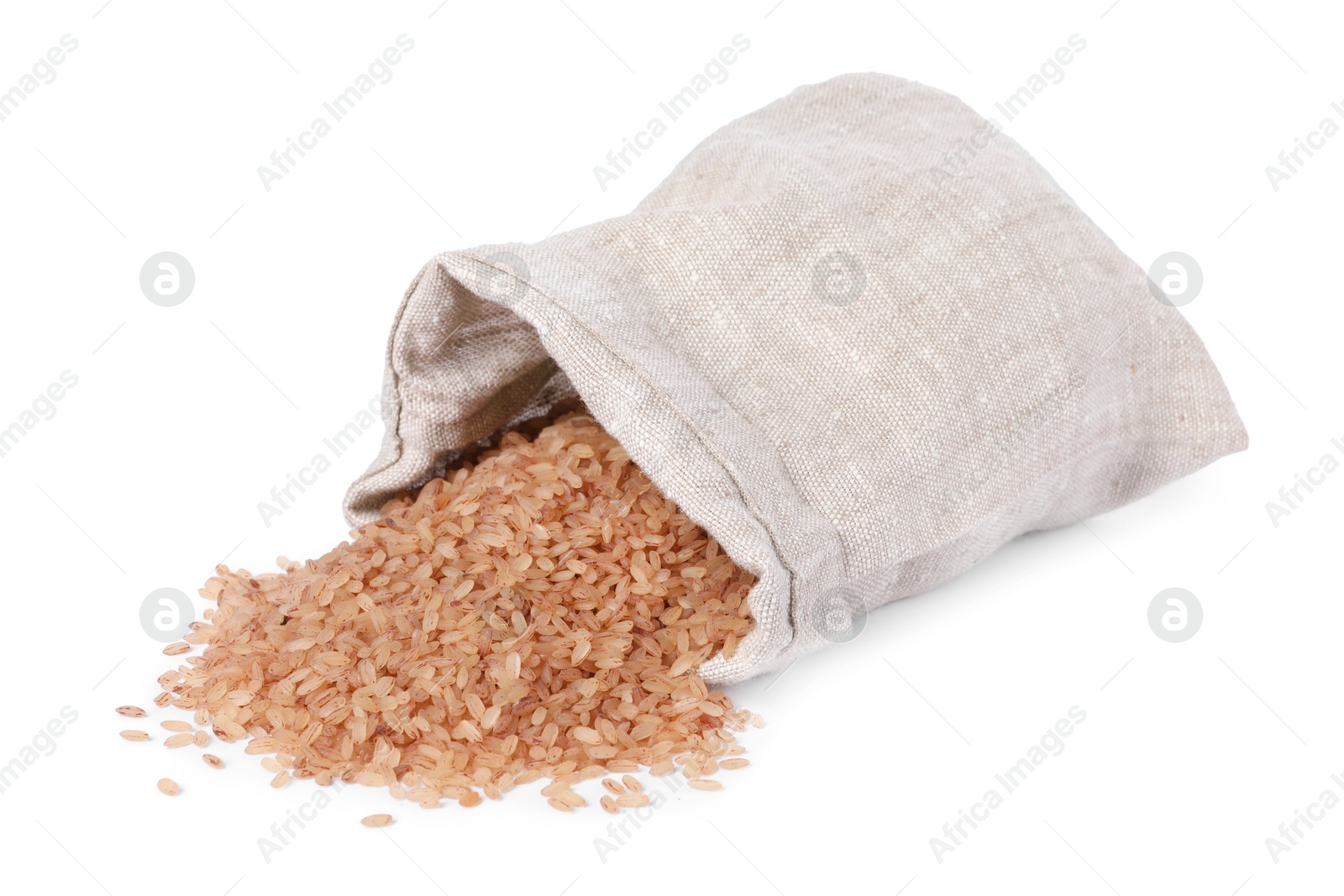 Photo of Raw organic matta rice in burlap isolated on white