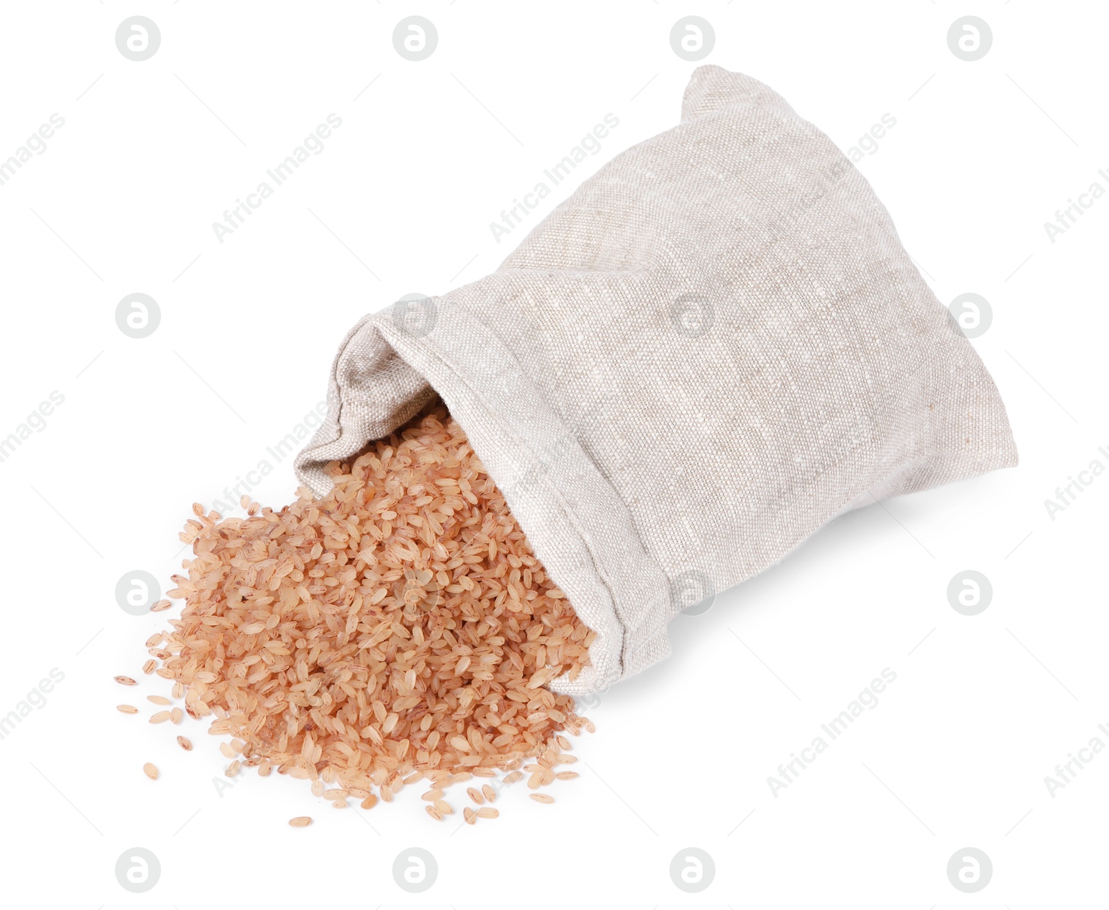 Photo of Raw organic matta rice in burlap isolated on white