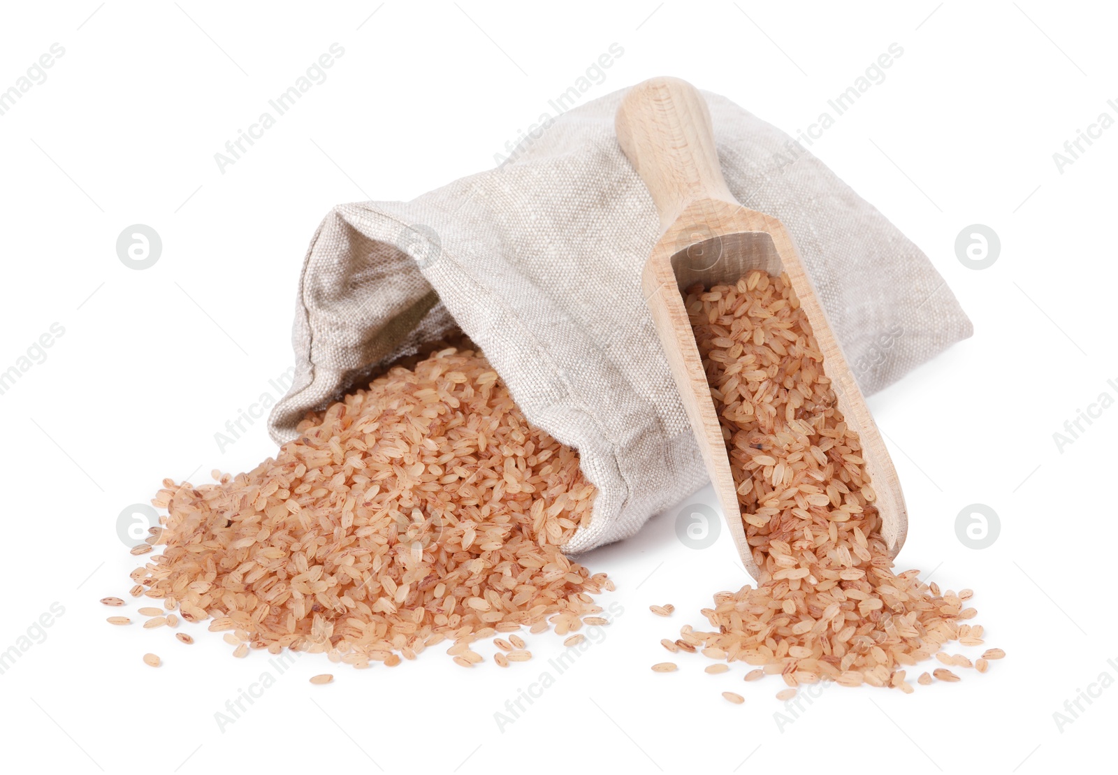 Photo of Raw organic matta rice in burlap with scoop isolated on white