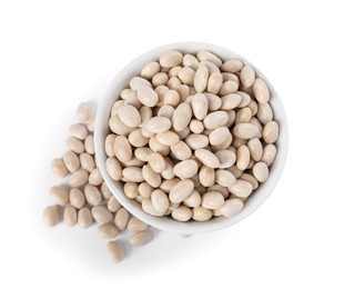 Photo of Dried beans in bowl isolated on white, top view