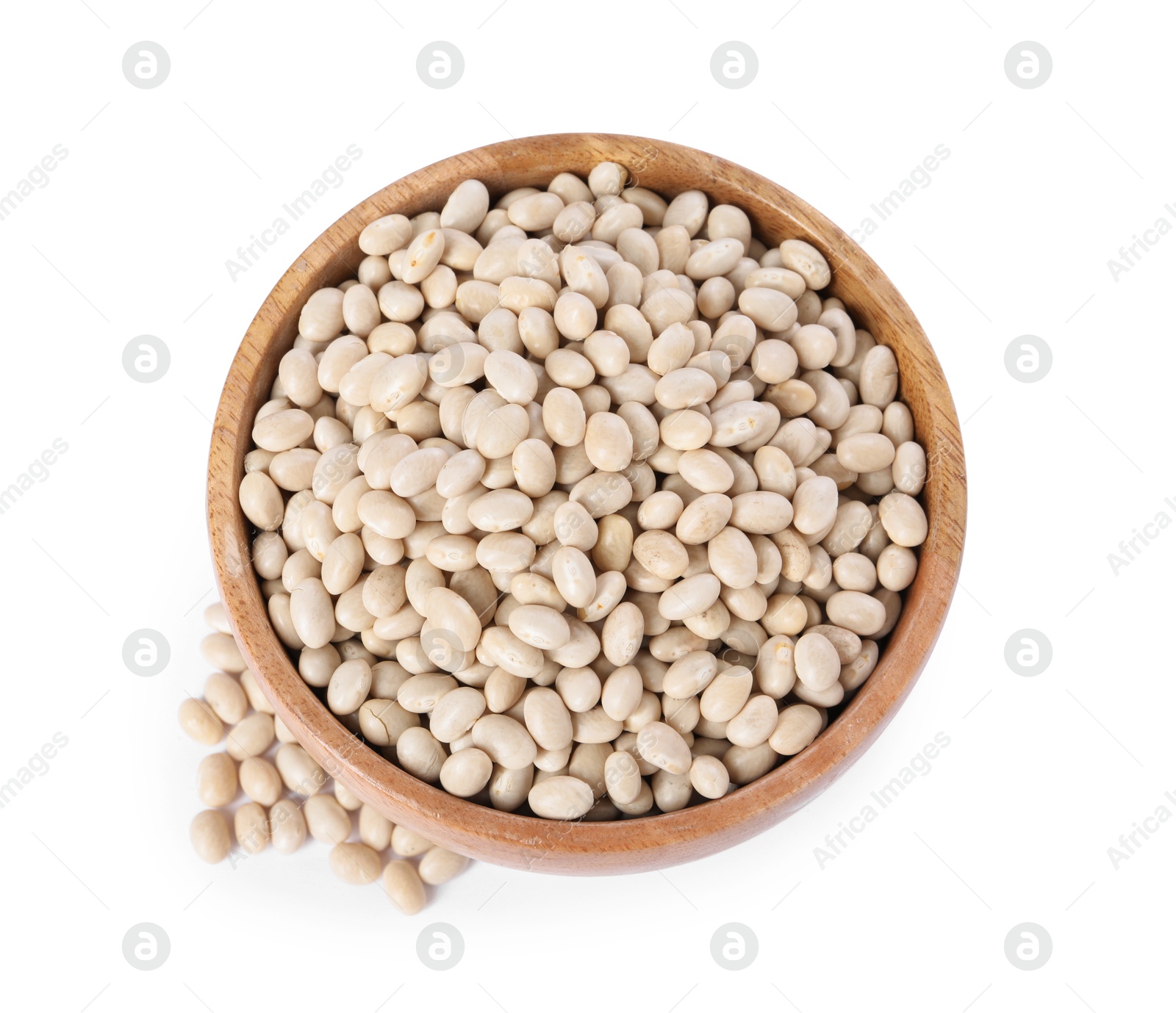 Photo of Dried beans in bowl isolated on white, top view