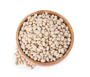 Photo of Dried beans in bowl isolated on white, top view