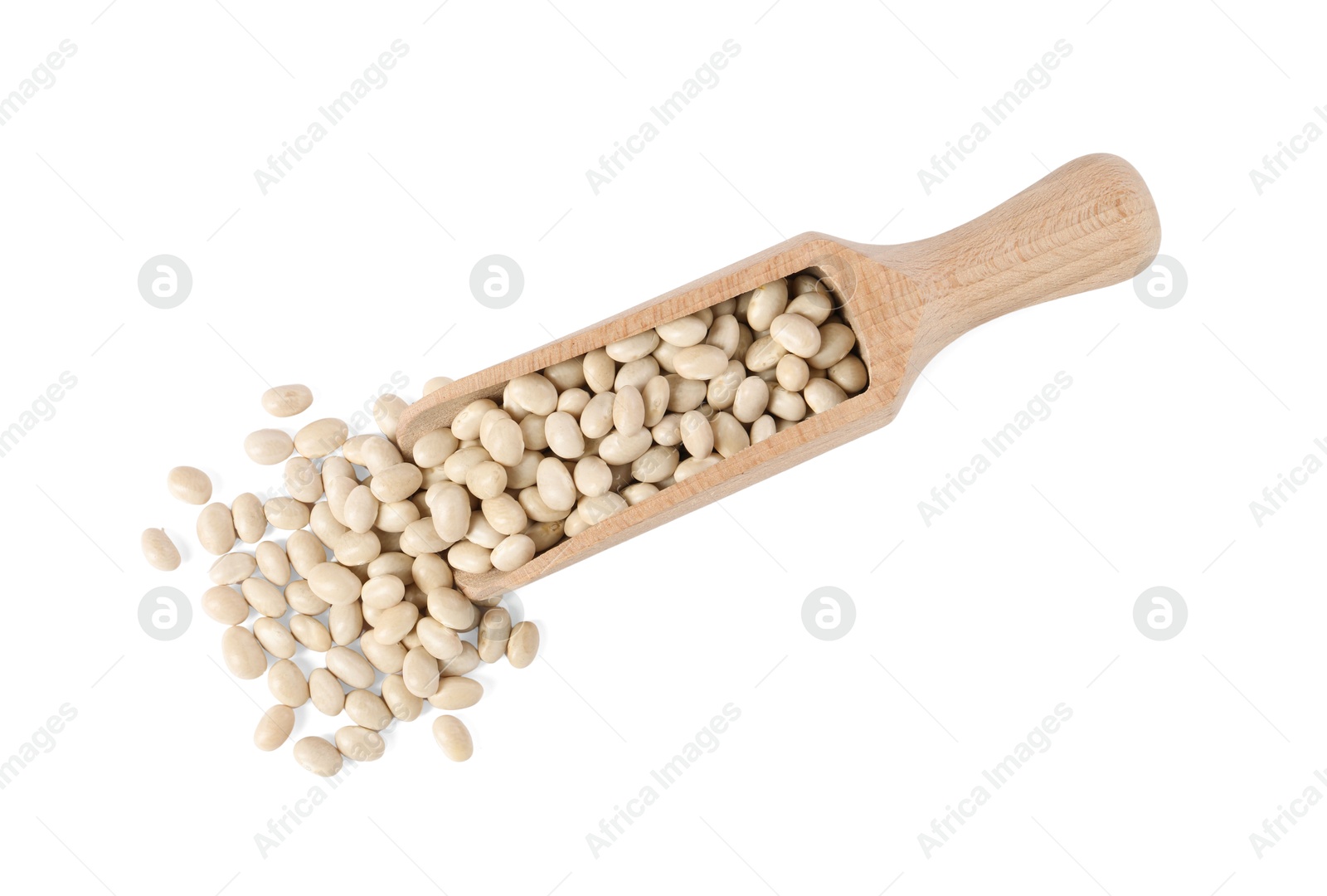 Photo of Dried beans in wooden scoop isolated on white, top view