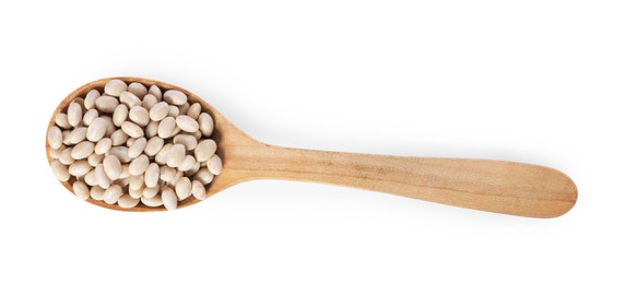 Photo of Dried beans in wooden spoon isolated on white, top view