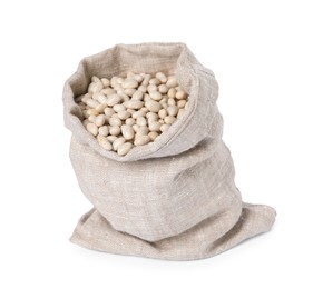 Dried beans in burlap isolated on white