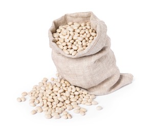 Dried beans in burlap isolated on white