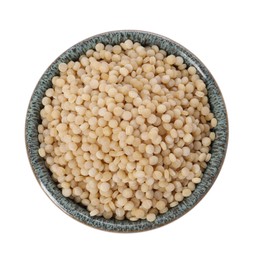 Photo of Raw couscous in bowl isolated on white, top view