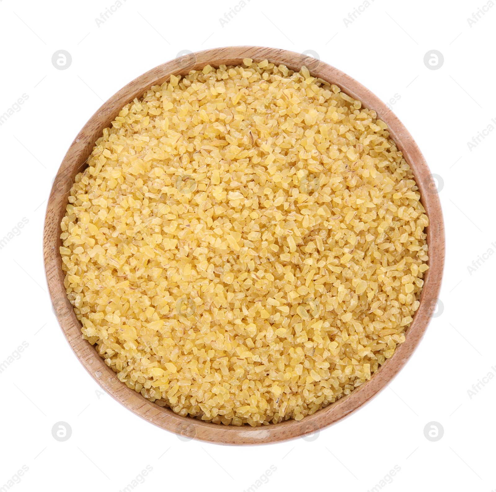 Photo of Raw bulgur in wooden bowl isolated on white, top view