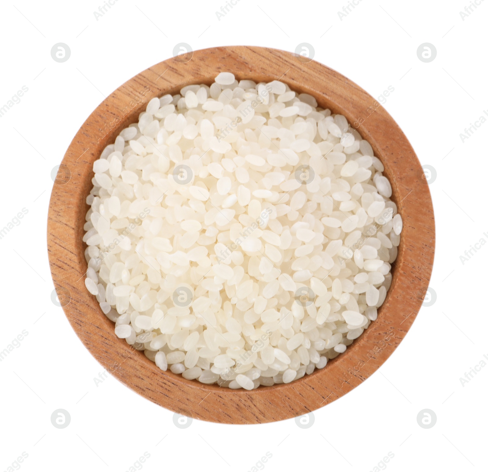 Photo of Raw rice in wooden bowl isolated on white, top view