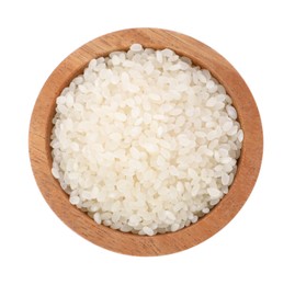 Raw rice in wooden bowl isolated on white, top view