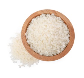 Raw rice in wooden bowl isolated on white, top view