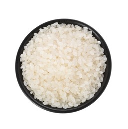 Photo of Raw rice in bowl isolated on white, top view