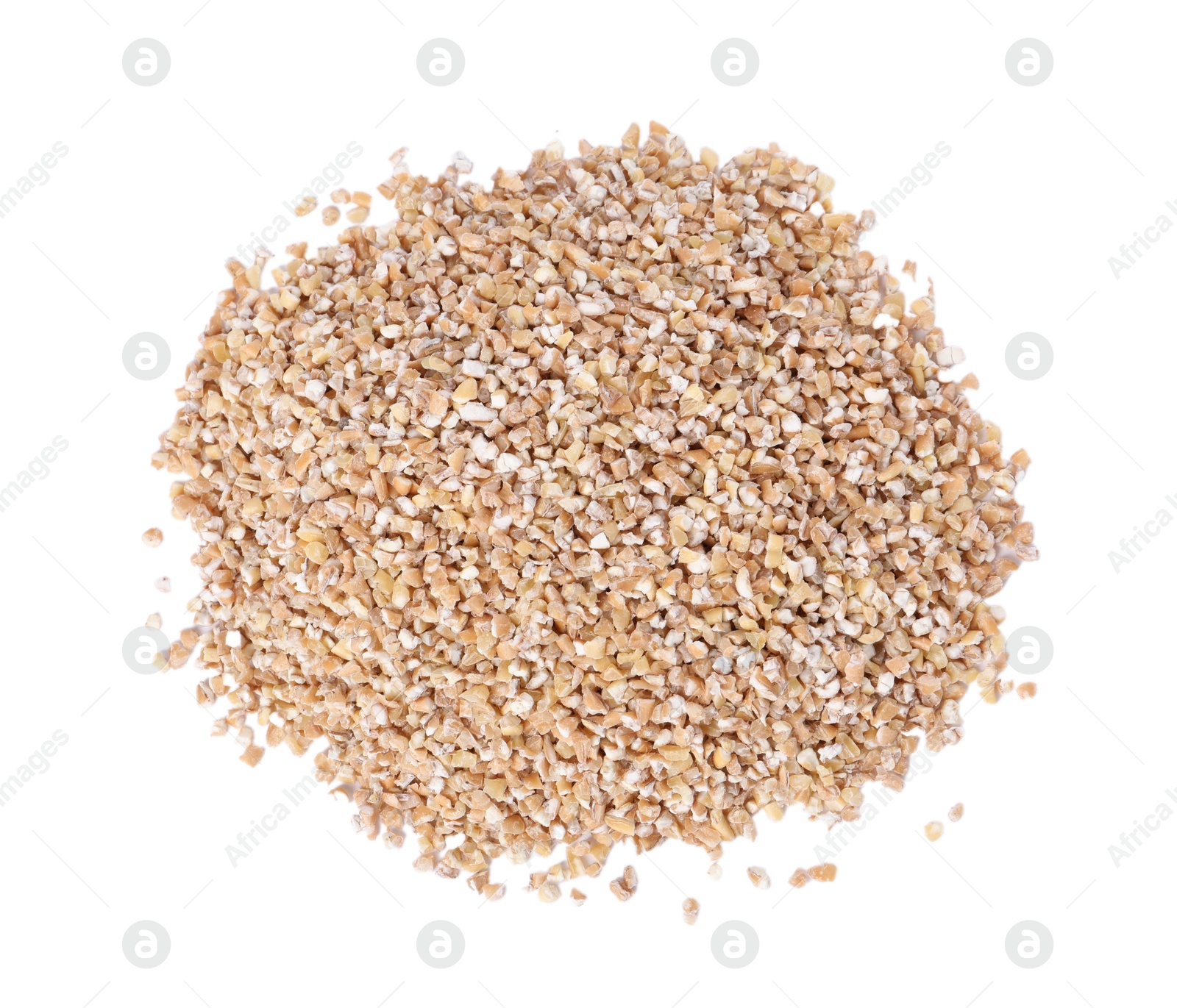 Photo of Heap of dry wheat groats isolated on white, top view