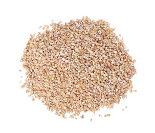 Heap of dry wheat groats isolated on white, top view