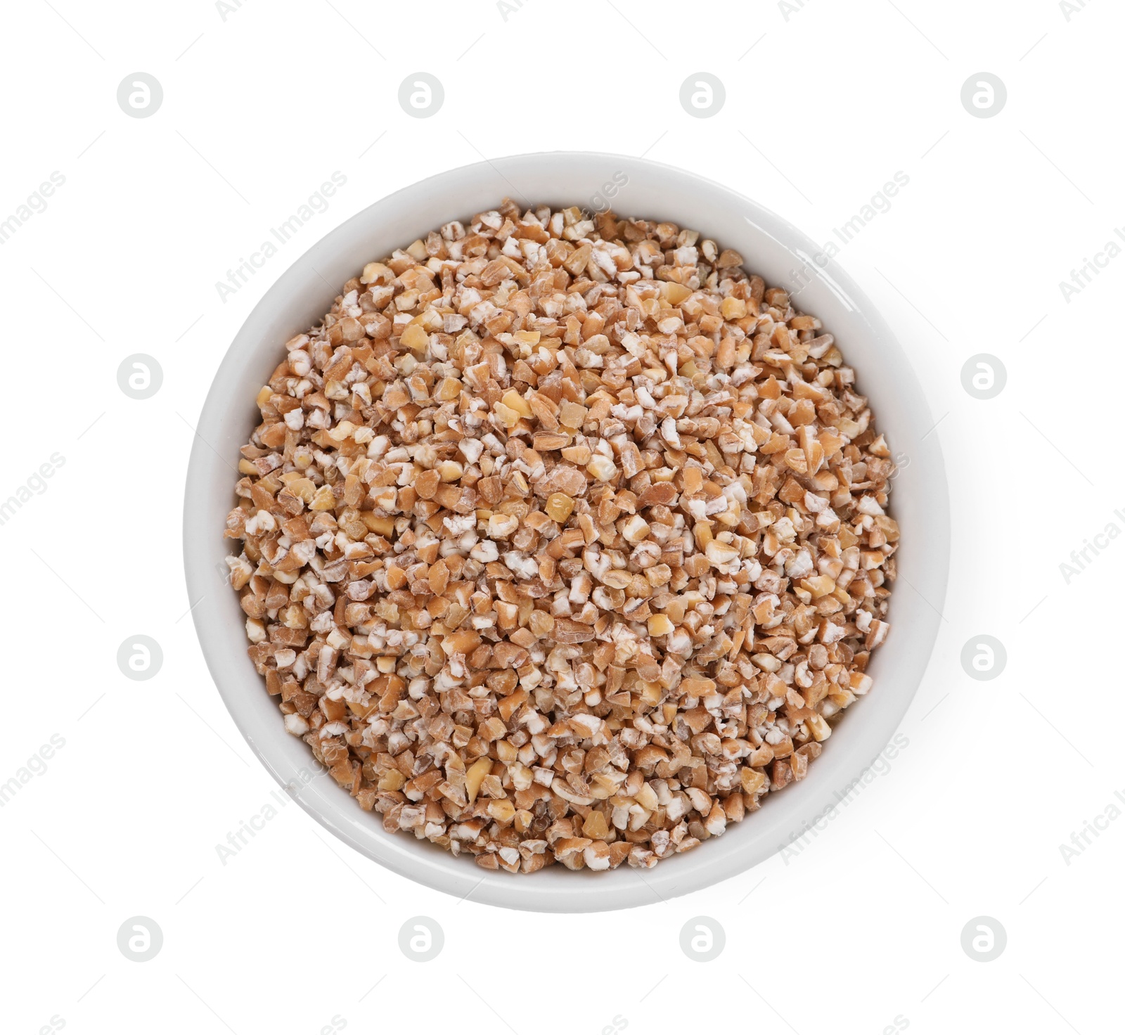 Photo of Dry wheat groats in bowl isolated on white, top view