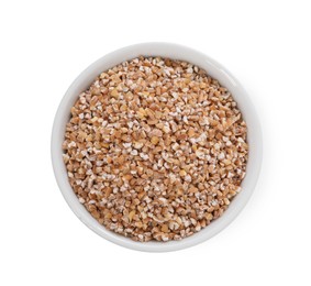 Photo of Dry wheat groats in bowl isolated on white, top view