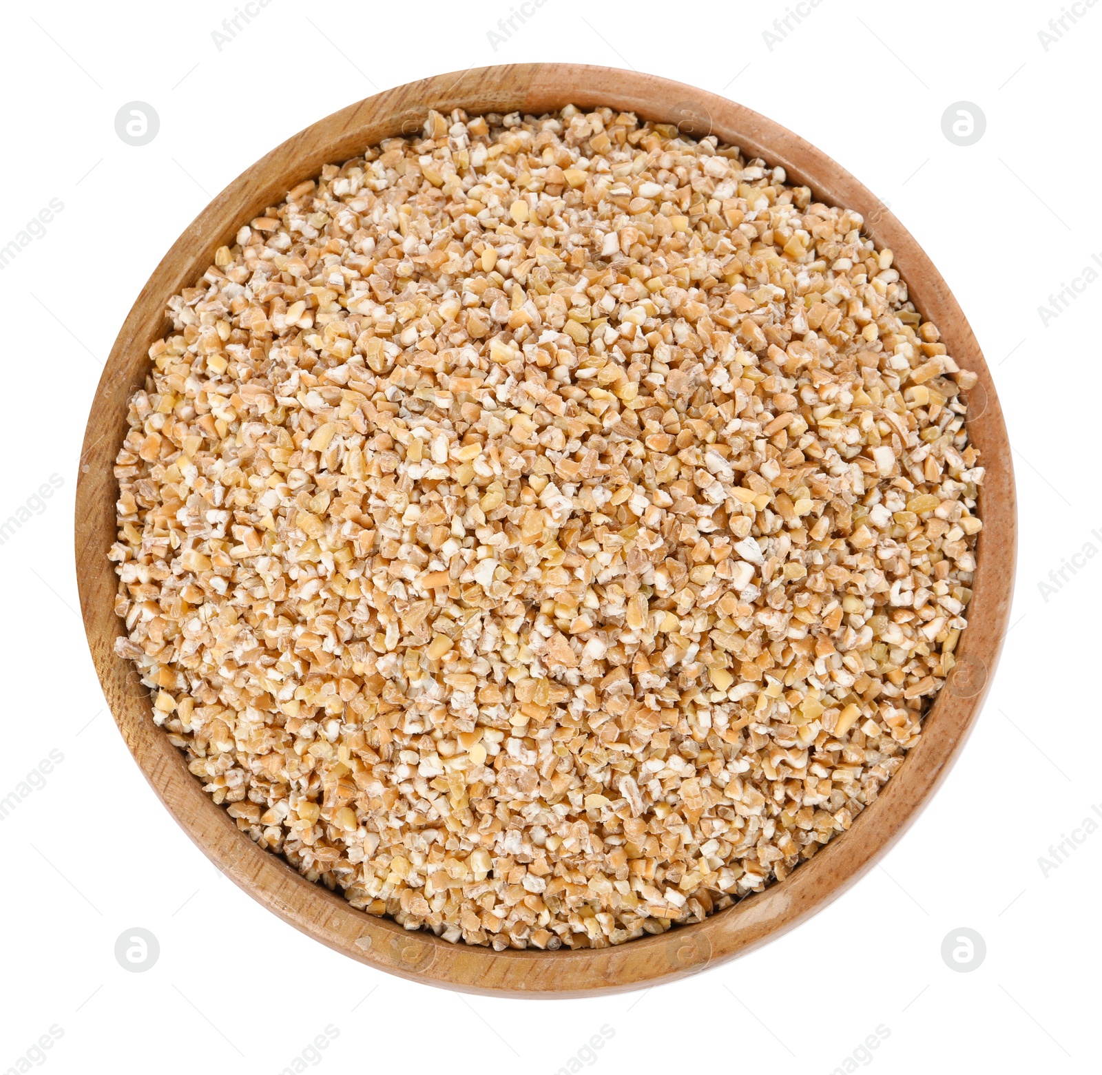 Photo of Dry wheat groats in wooden bowl isolated on white, top view