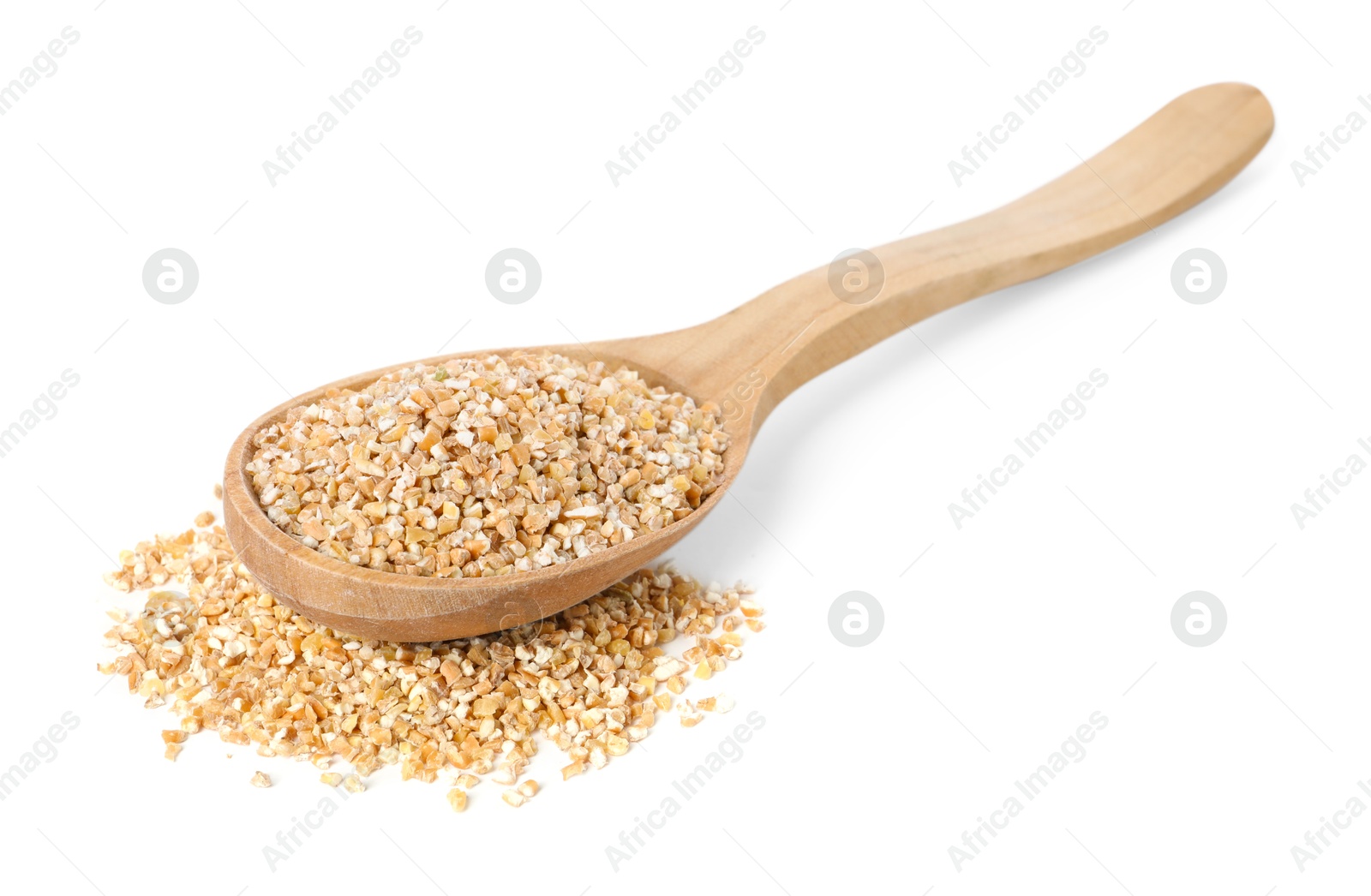 Photo of Dry wheat groats in wooden spoon isolated on white