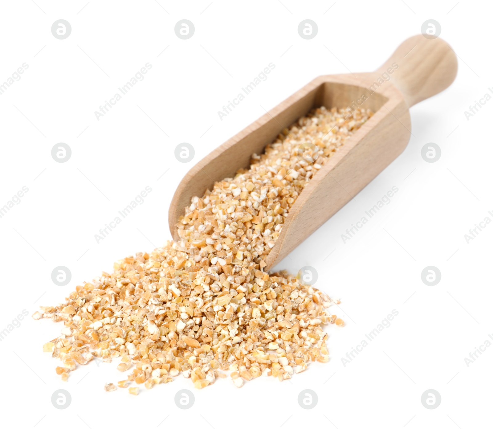 Photo of Dry wheat groats in wooden scoop isolated on white