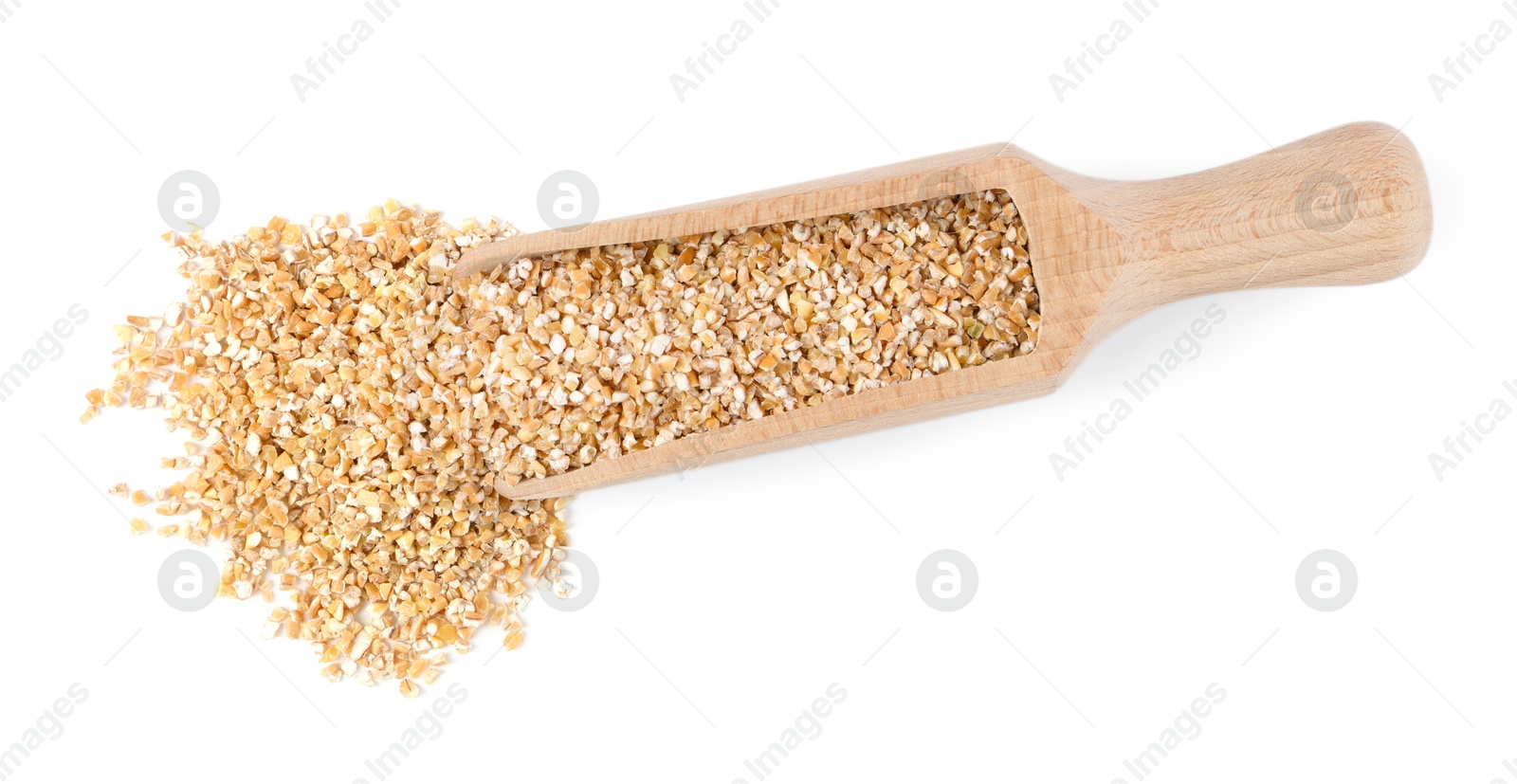 Photo of Dry wheat groats in wooden scoop isolated on white, top view