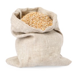 Dry wheat groats in burlap sack isolated on white